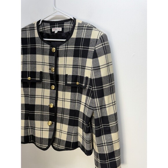 Talbots Vintage Wool Blazer Jacket Gold Pearl Button Boucle Plaid Black USA 12 - Picture 2 of 16